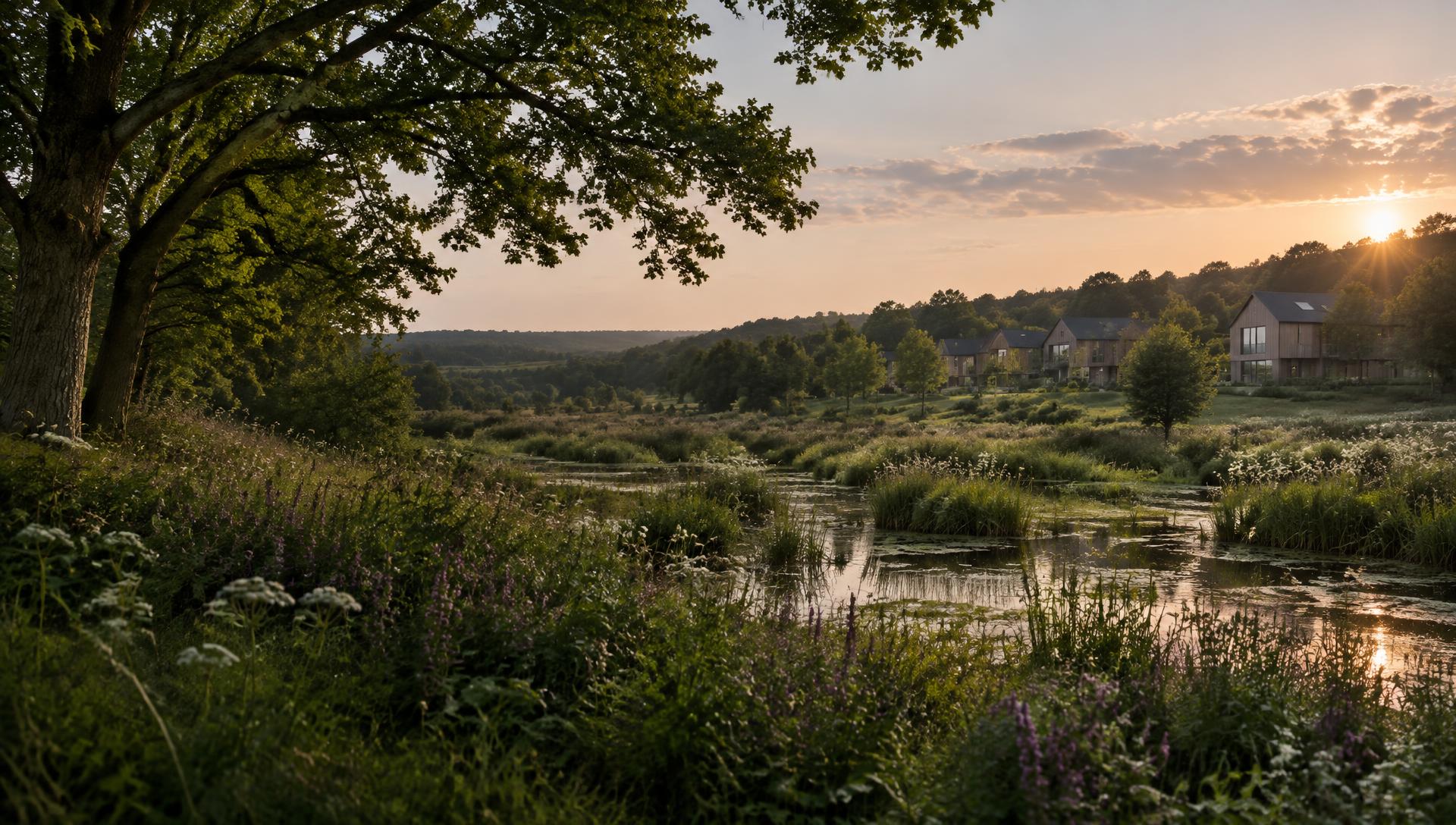 Wetland habitat and contemporary homes within a British landscape