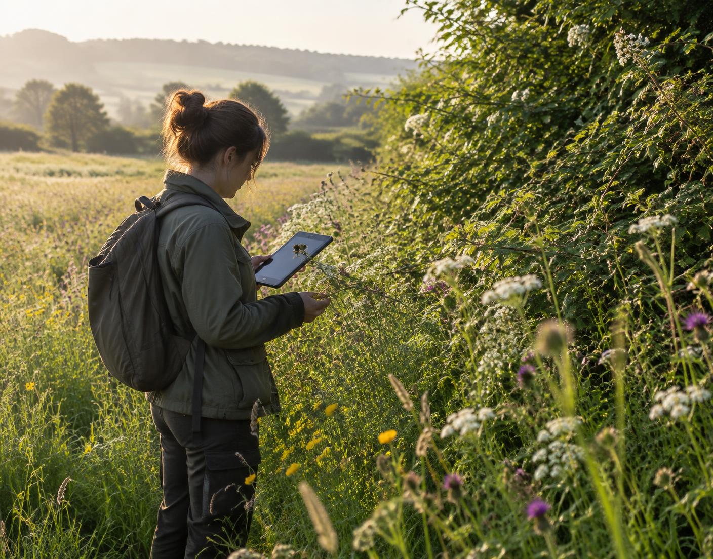 Ecologist recording habitat information in a British wildflower meadow