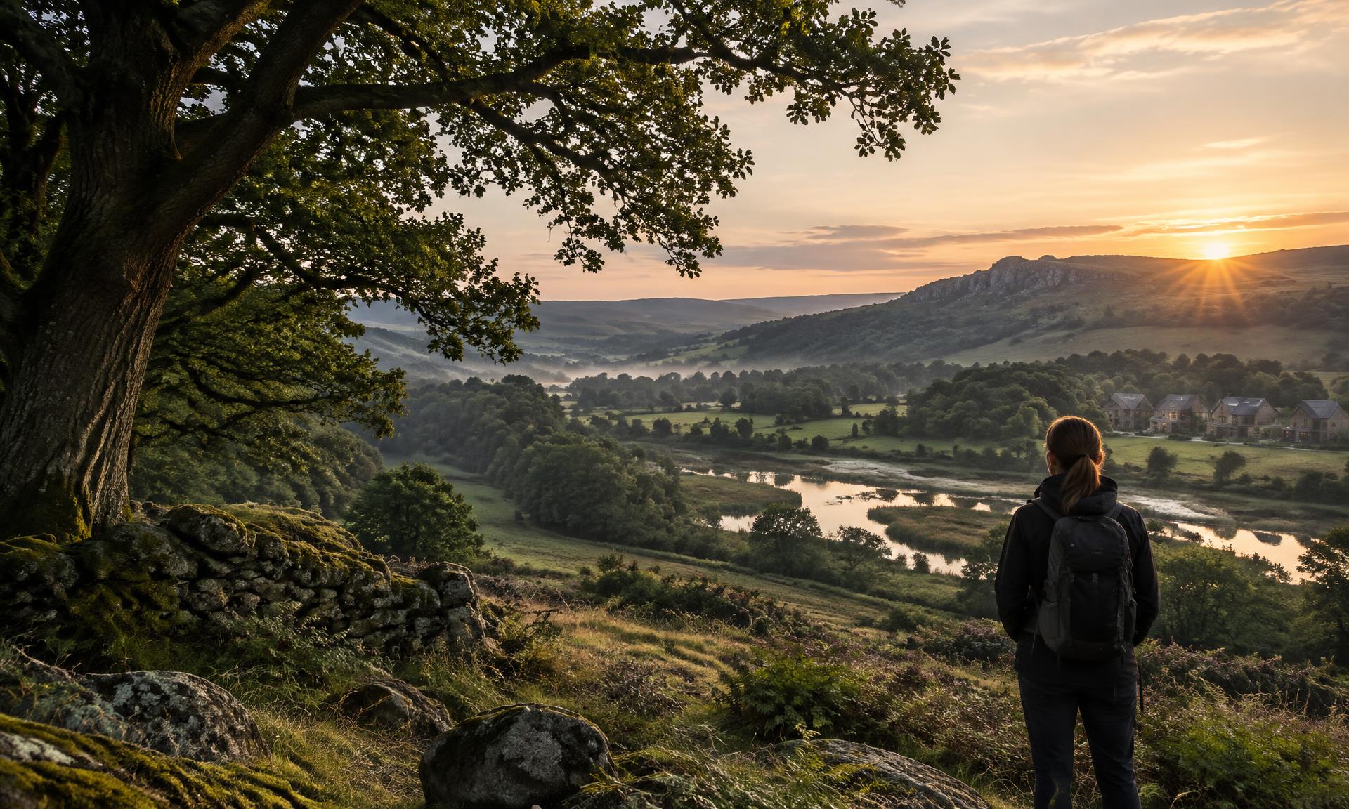 Ecologist looking across a British valley where habitats and homes share the landscape