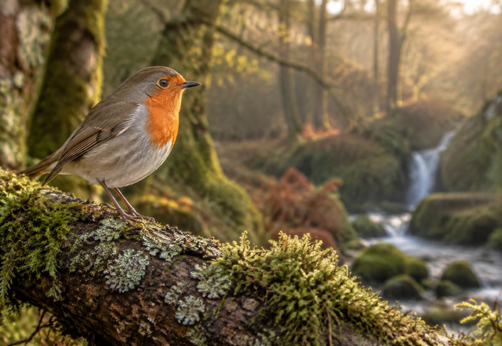 European robin perched on a moss-covered branch in British woodland