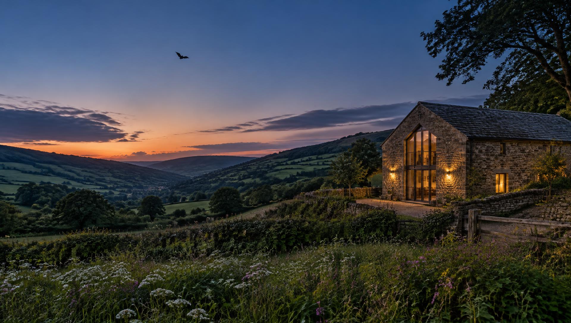 Traditional stone barn overlooking an English valley at dusk