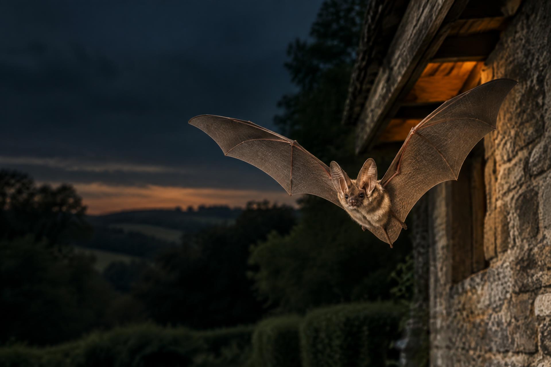Brown long-eared bat flying beside a traditional stone building at dusk