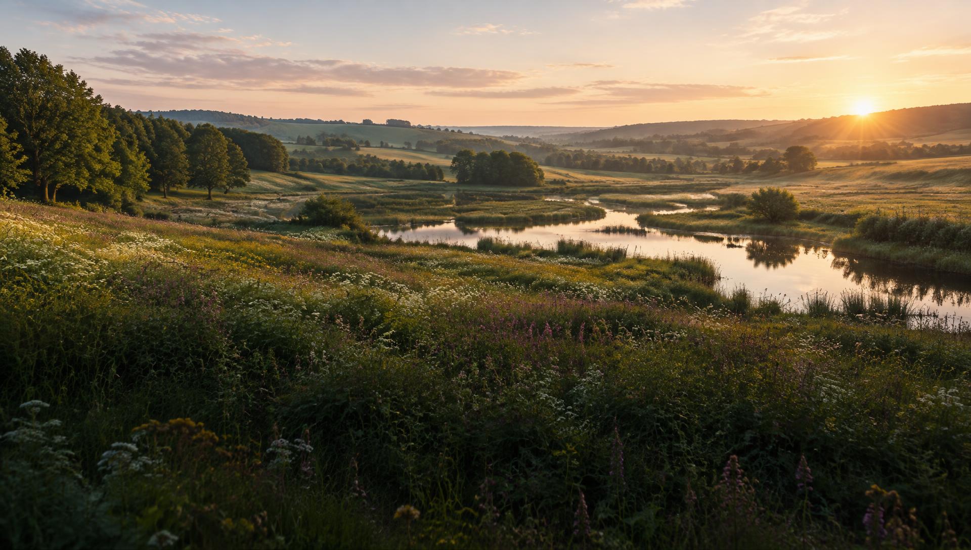 Restored wetland and wildflower habitat across a British valley