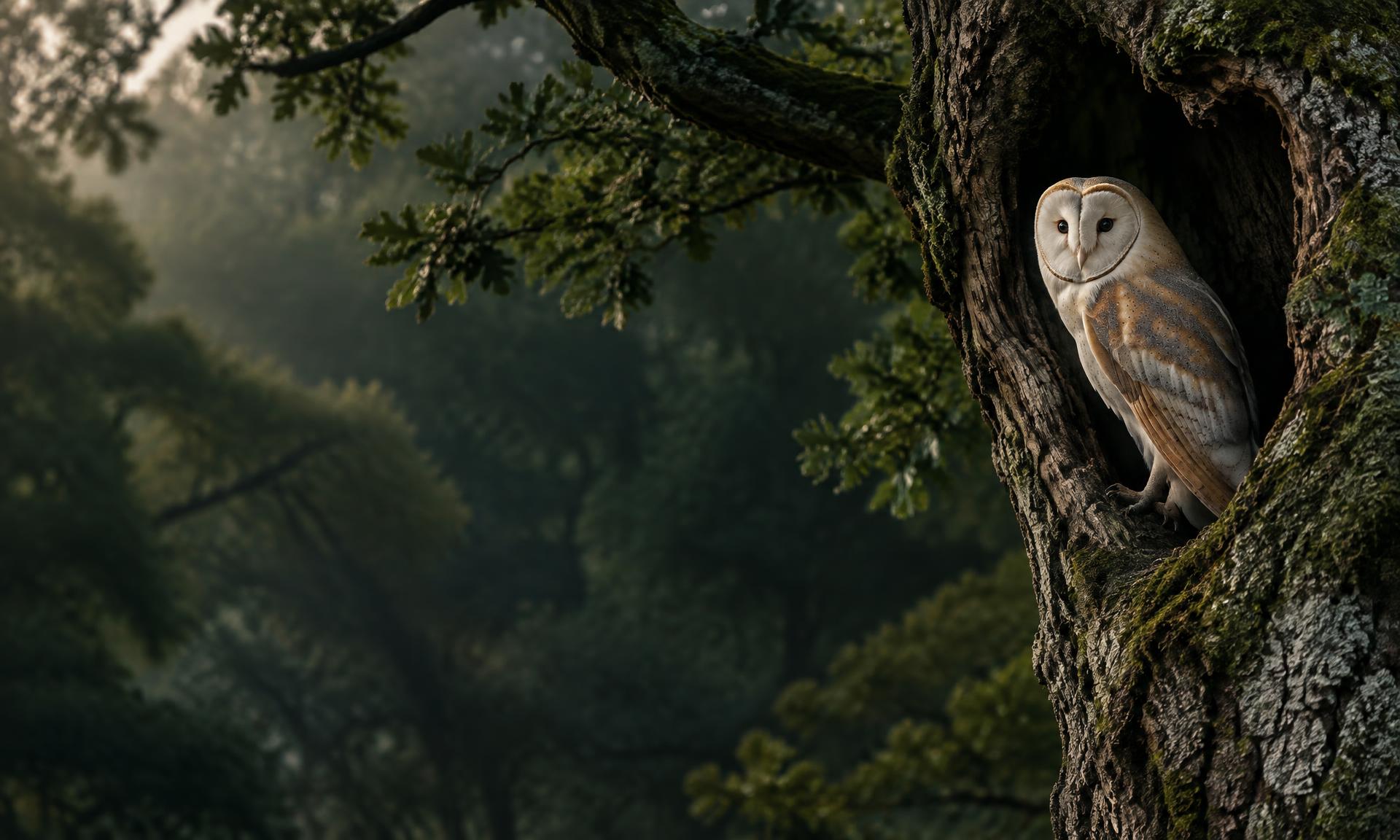 Barn owl perched in an old oak within British woodland
