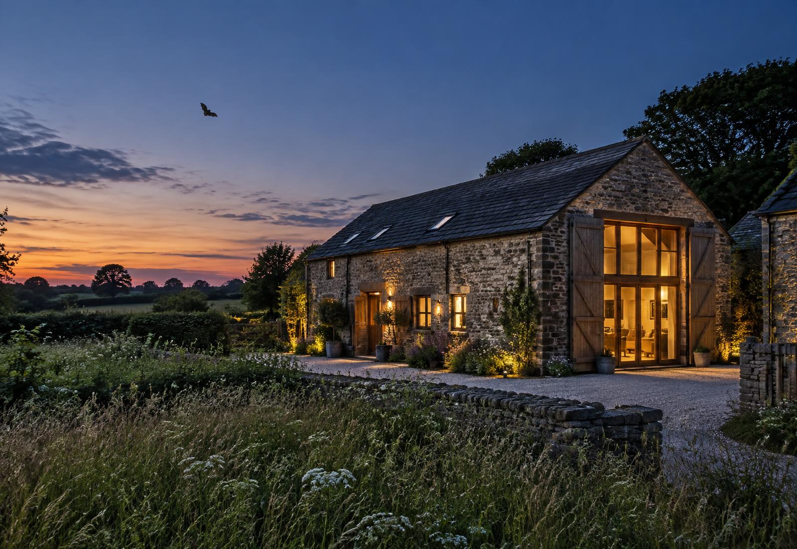 Traditional stone barn within a British rural landscape at dusk