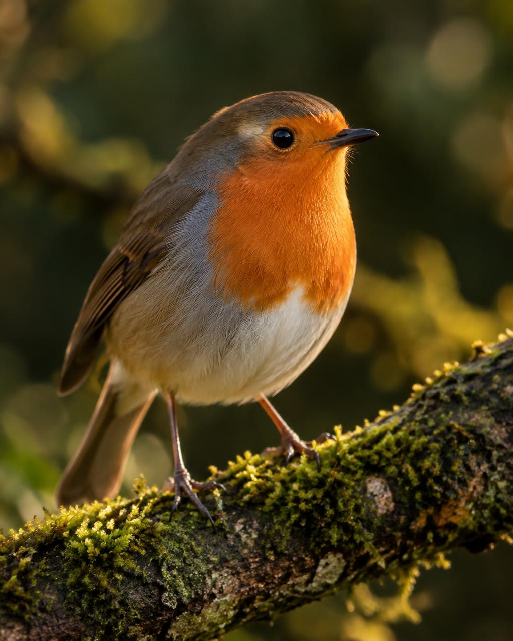 A robin perched on a mossy branch
