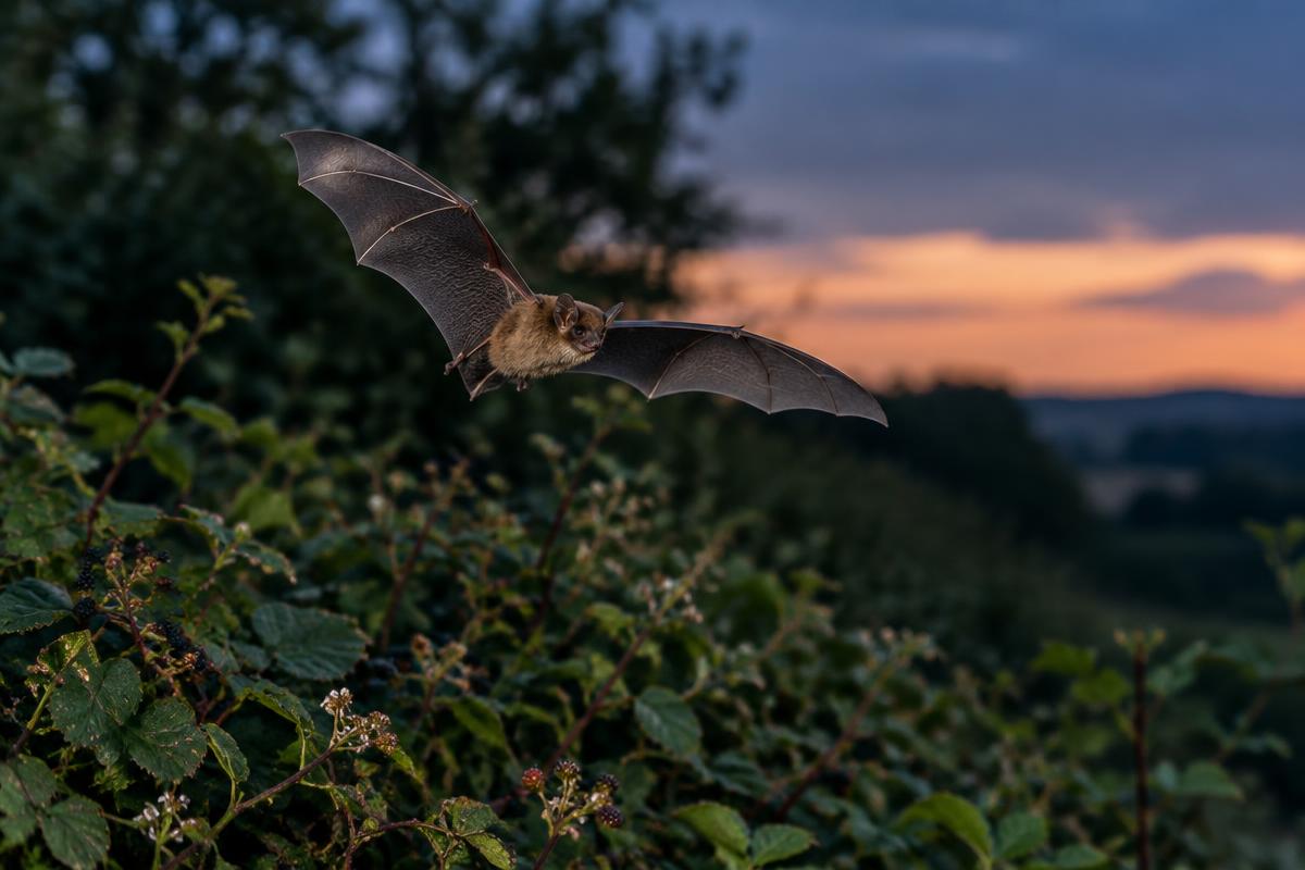 Pipistrelle bat flying over a native hedgerow at dusk