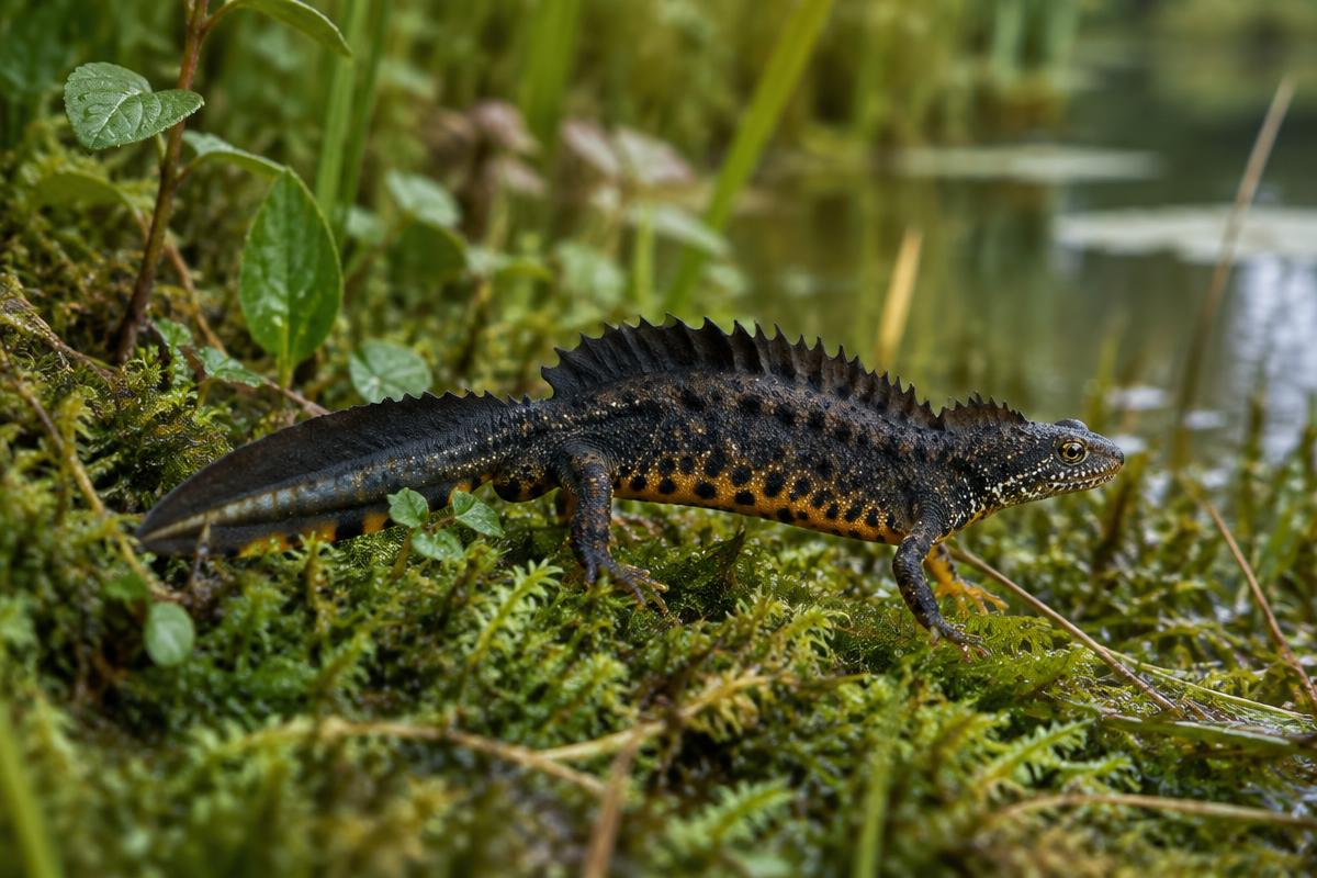 Great crested newt beside a pond