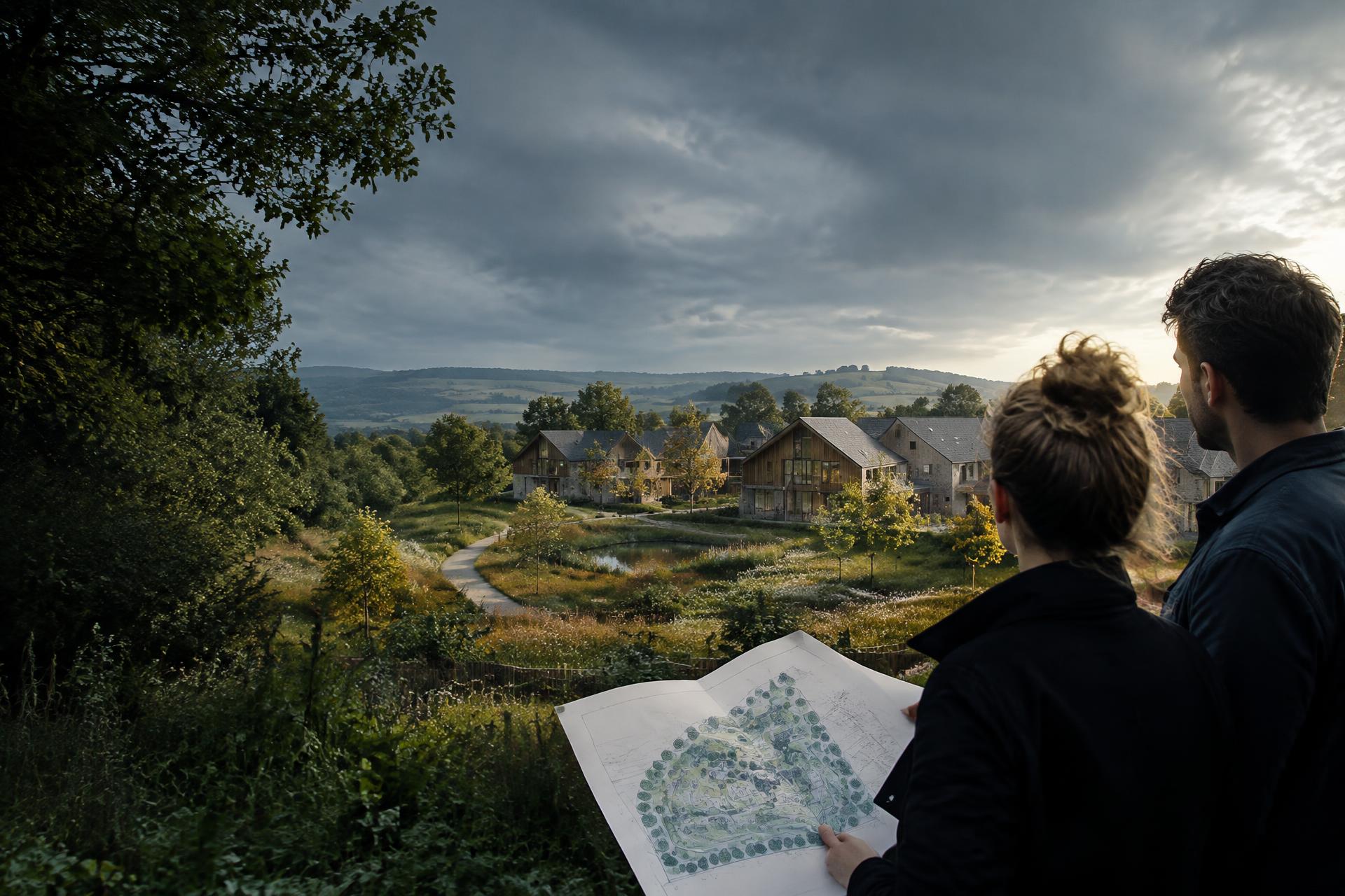 Project team reviewing plans beside a landscape-led development