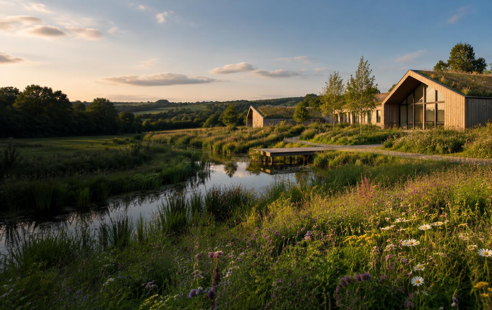 Restored wetland and native wildflower habitat